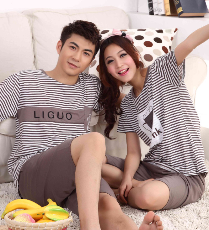 Summer lovers sleepwear male women's stripe set 100% cotton short-sleeve summer sleepwear lounge