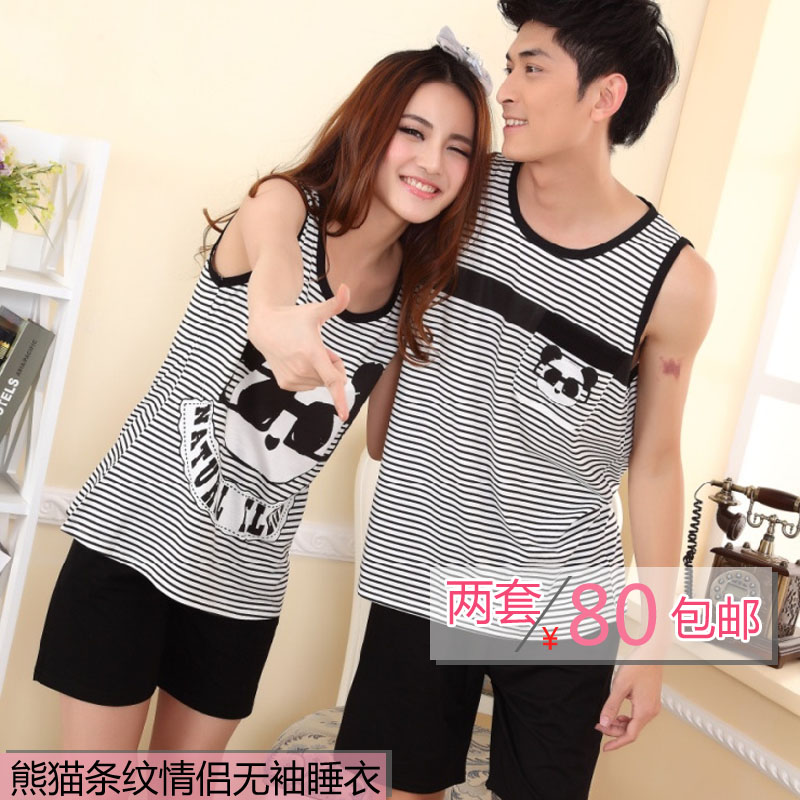 Summer lovers sleepwear pure cotton vest female sleepwear female sleeveless cartoon lovers lounge male set