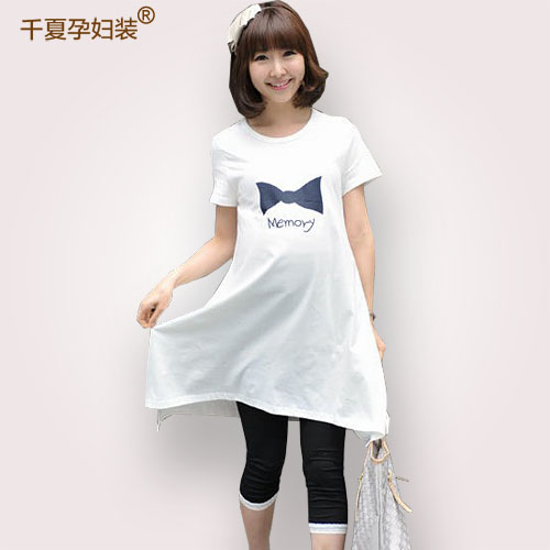 Summer maternity clothing clothes fashion bow print loose short sleeve t-shirt skirt length