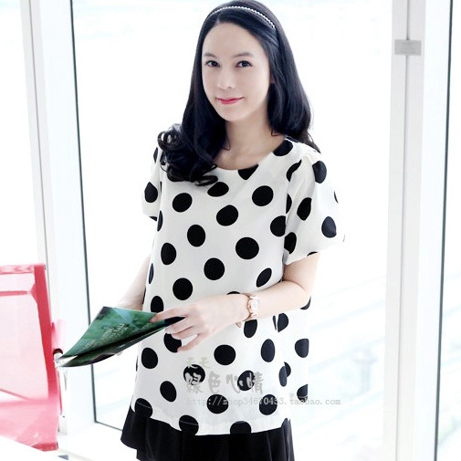 Summer maternity clothing mm elegant dot chiffon shirt maternity clothing 8730 short-sleeve plus size top