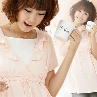 Summer maternity clothing sweet laciness faux two piece nursing belt drawstring plus size short-sleeve top t1s2062