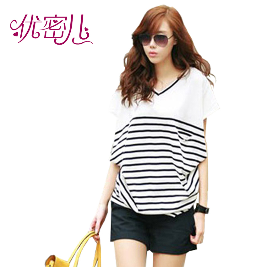Summer maternity t-shirt all-match short-sleeve top loose casual fashion stripe cotton spandex