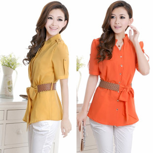 Summer Medium-long Style OL Shirt  Female Shirt Short-sleeve Chiffon Shirt Free shipping.