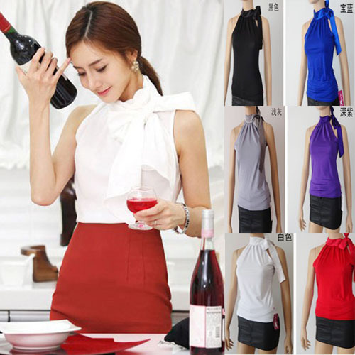 Summer new arrival 2012 bow halter-neck sleeveless strapless chiffon shirt solid color blousier top ol