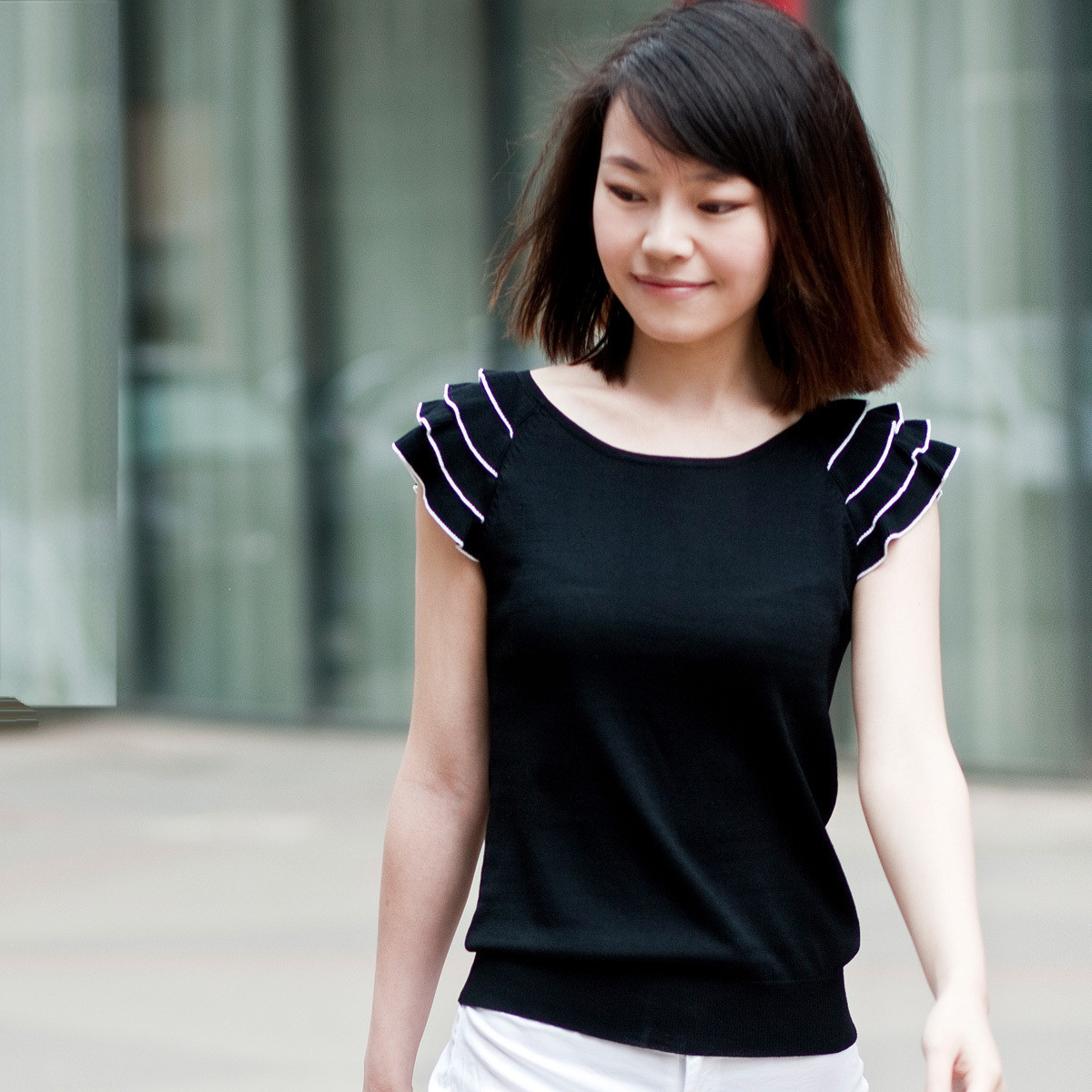 Summer new arrival 2012 women's sweet princess o-neck sleeveless viscose black wool sweater ruffle sleeve t-shirt