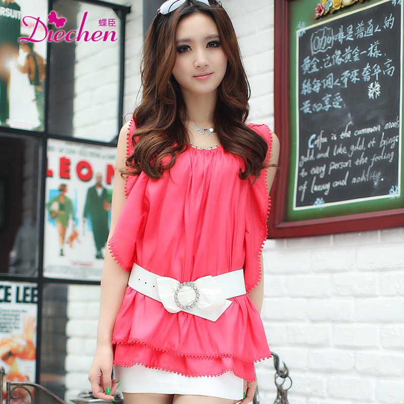 Summer new arrival elegant o-neck ruffle solid color chiffon one-piece dress skirt female with belt +FREE SHIPPING!