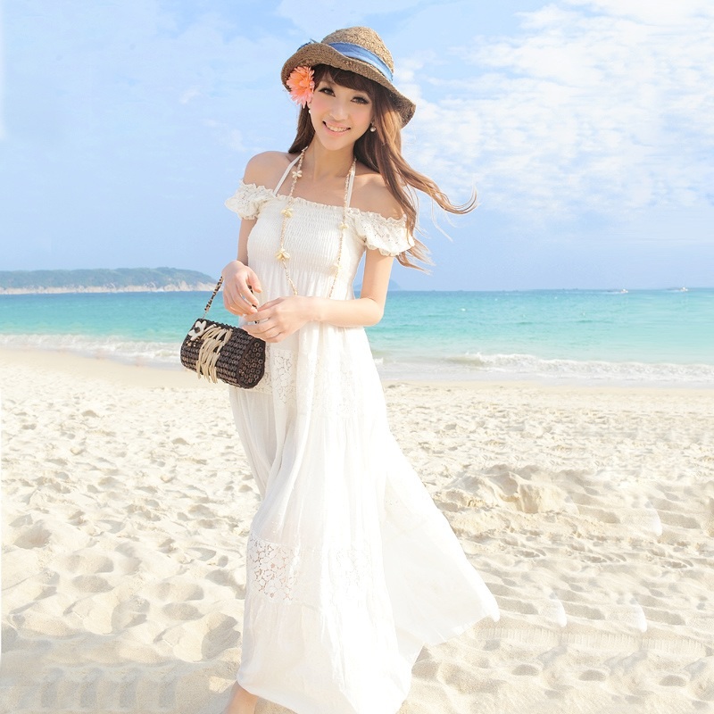 Summer new arrival women's sweet princess lace decoration solid color short-sleeve dress full dress beach dress 1283