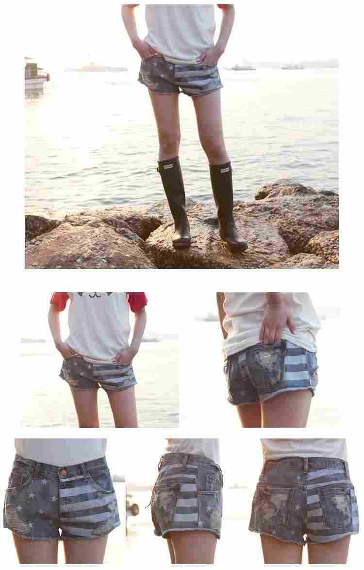 Summer new female Korean fashion leisure was thin frayed stars stripes flag printed denim shorts (ID: SLA054)