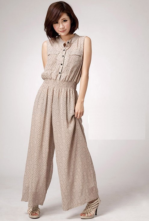Summer New Stand-Up Collar The Little Printing Breasted Chiffon Jumpsuit Pants Wide Leg Pants Casual Pants Trousers FW01539