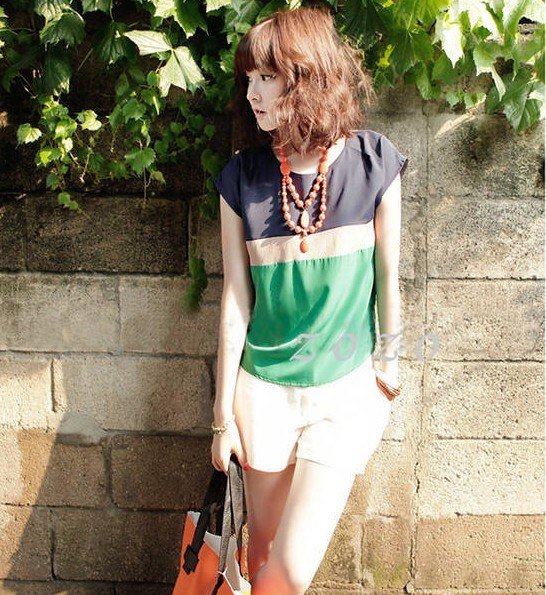 Summer new striped T-shirt yarn loose overall size slim Korean chiffon shirt short-sleeved hit color stitching chiffon blouses