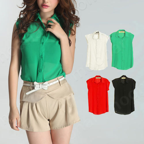 summer new style Europe&America chiffon loosen candy color OL temperament sleeveless blouse E0829