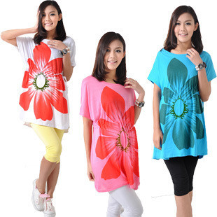 Summer paragraph maternity clothing top loose elegant large petals pattern o-neck maternity short-sleeve T-shirt adjustable size