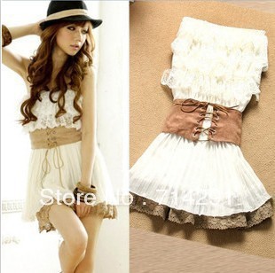 summer princess dream lace tube top pleated chiffon one-piece dress cummerbund free shipping