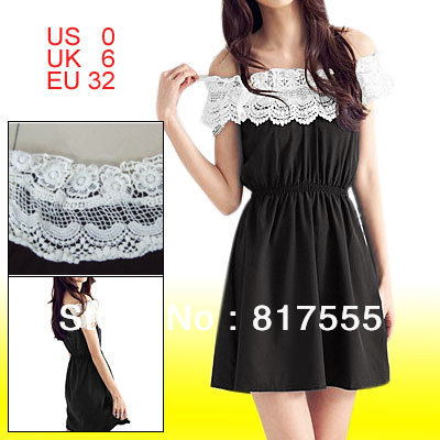 Summer Pullover White Crotcheted Lace Boat Neck Black Sleeveless Mini Dress for Lady