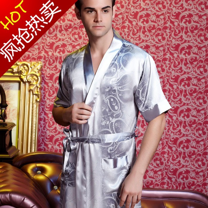 Summer quality male short-sleeve faux silk sleepwear silk sexy robe bathrobes blue decorative pattern