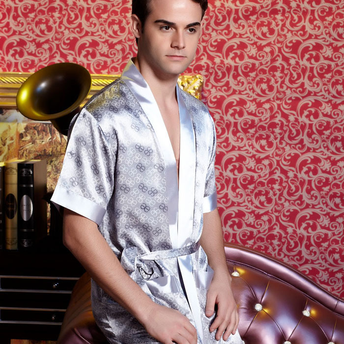 Summer quality male short-sleeve faux silk sleepwear silk sexy robe bathrobes letter