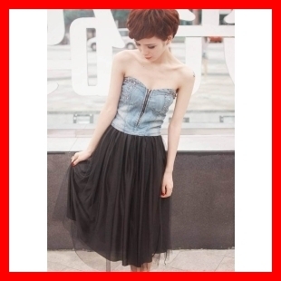 Summer rivet tube top full dress tube top dress crystal beading denim patchwork gauze skirt one-piece dress
