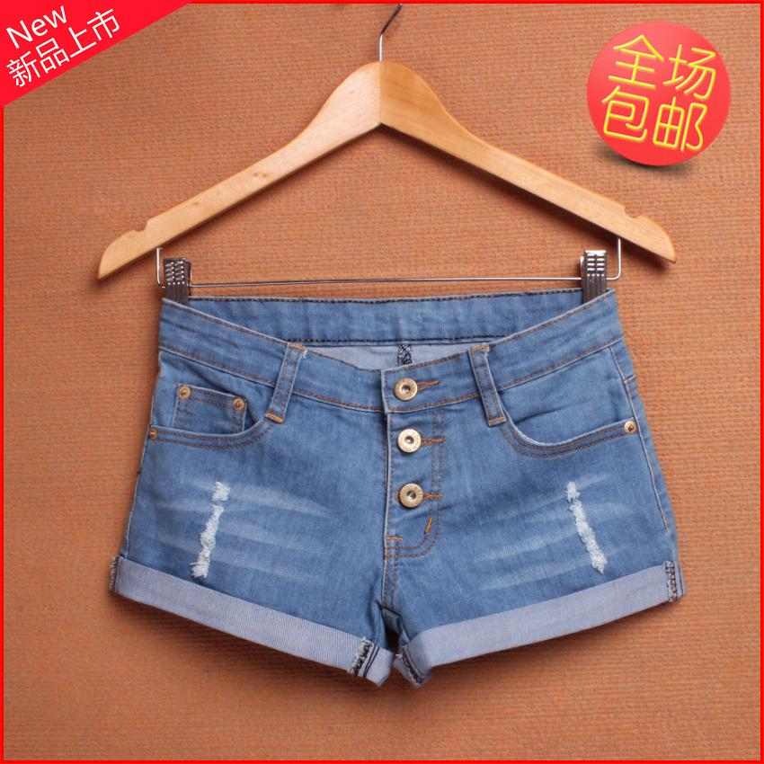 Summer roll-up hem casual loose small hole in the denim shorts high waist mm shorts female