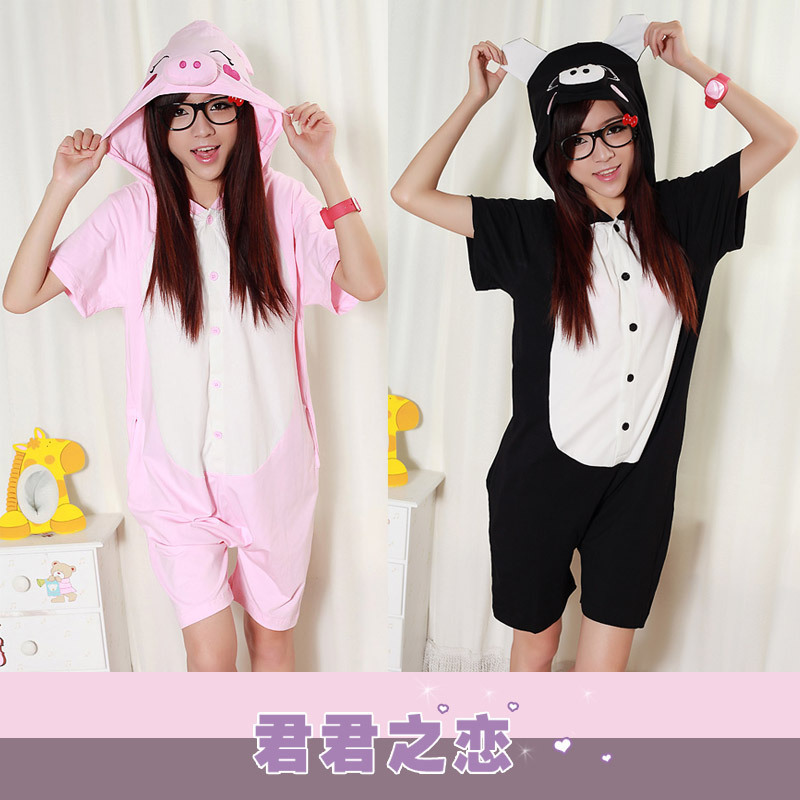 Summer short-sleeve 100% cotton cartoon pig sleepwear one piece women's male lovers lounge home dress cartoon pajamas