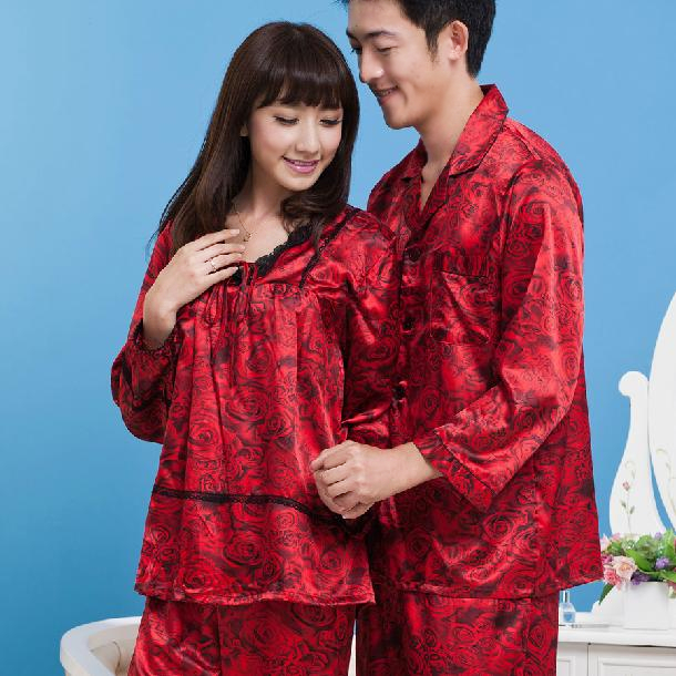 Summer silk red rose print plus size long-sleeve lovers sleep set lounge married sleepwear
