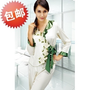 Summer silk sleepwear female twinset rose embroidered long-sleeve female sleepwear lacing plus size lounge