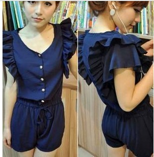 Summer Single-Breasted Jumpsuits Navy Chiffon Leisure Ruffles Short Sleeve Leisure Elasticity Waist Free Shipping