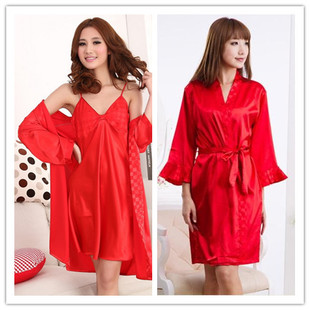 Summer sleepwear autumn Women faux silk bride bathrobe robe suspender skirt twinset plus size