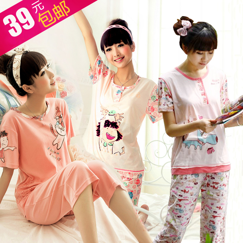 Summer sleepwear female knitted cotton cartoon short-sleeve shorts sleepwear women's derlook