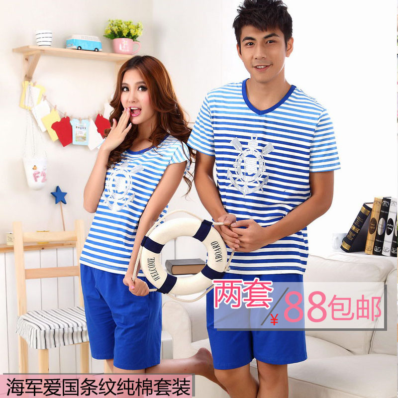 Summer sleepwear lovers lounge set 100% cotton short-sleeve sea military stripe women's male sleepwear