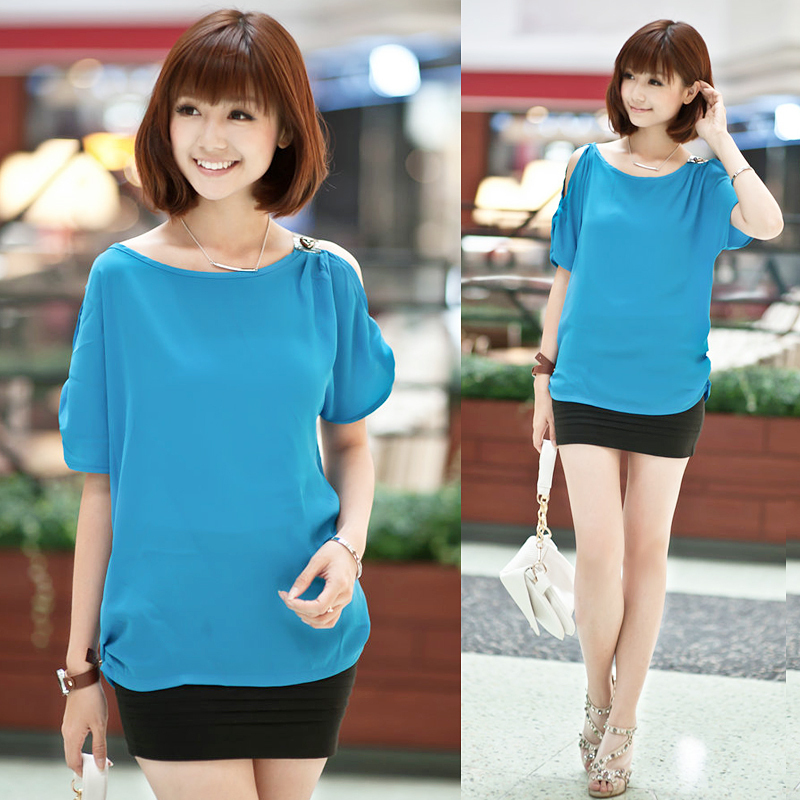 Summer strapless patchwork batwing sleeve pleated slim gentlewomen epaulette slit neckline short-sleeve T-shirt chiffon shirt