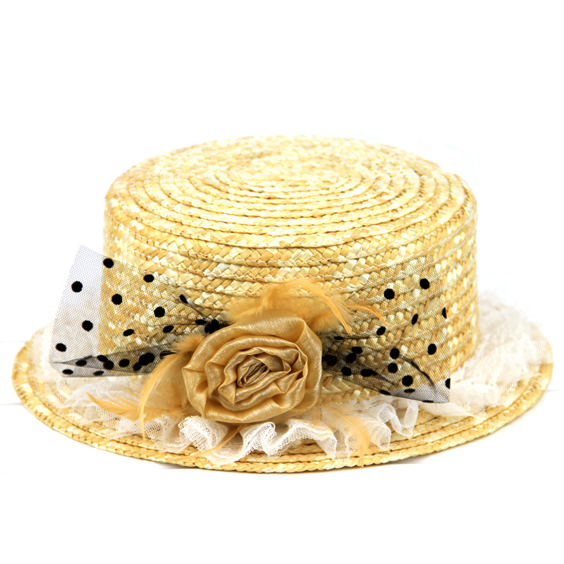 Summer straw cadet cap all-match fedoras spring and summer feather flower lace strawhat beach cap sun hat