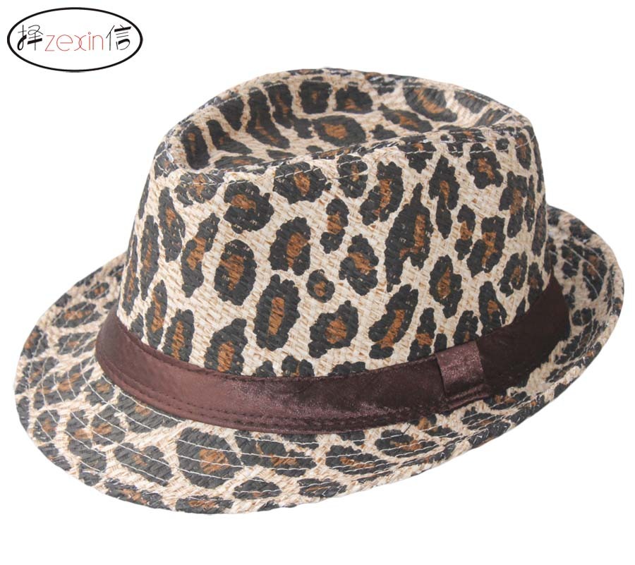 Summer strawhat jazz hat Camouflage leopard print pattern roll up hem straw braid fedoras sunbonnet