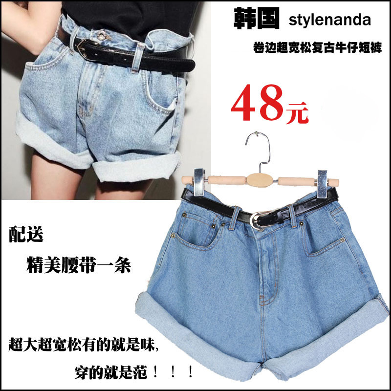 Summer sty nda high waist loose vintage roll-up hem female denim shorts