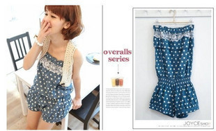 Summer sweet polka dot denim lace decoration tube top jumpsuit shorts clothes women's