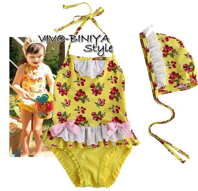 summer swimming wear Free shipping 10sets/lot Baby Summer Clothing Sets one piece swimwear+sun hat girl children swimsuit