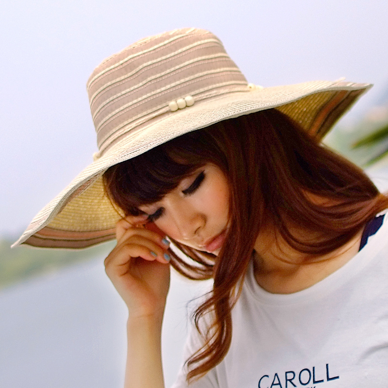 Summer the super large straw hat sunbonnet women's beach cap vintage and elegant linen stripe beads