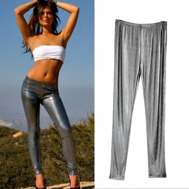 Summer ugly fashion metal quality silver matt faux leather legging female thin