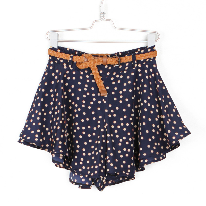 Summer vintage small fresh polka dot ruffle chiffon short culottes shorts with belt