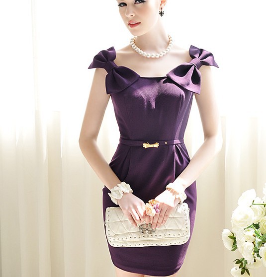 Summer Woman Purple Temperament Gold Bowknot Belt Dress Shoulder Bow Design OL Skirt FH-020 Free Shipping