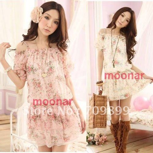 Summer Women Chiffon Sweet Princess Floral Flat Shoulder Mini Spaghetti Dress E0431