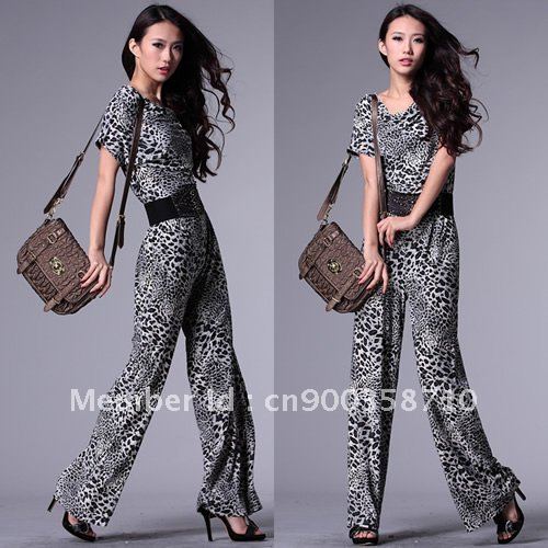 summer women Fashion Leopard Print and Flower Print jumpsuit trousers loose stylished Neck Jump Pants overalls
