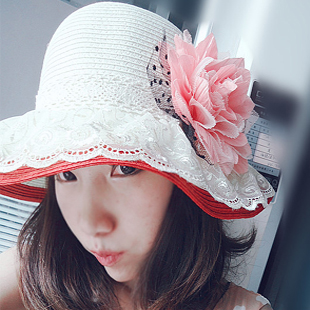 Summer Women flower lace straw braid sunbonnet outdoor large brim beach hat two-color hat