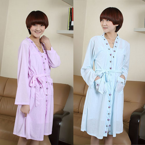 Summer Women quality 100% cotton 100% cotton long-sleeve bathrobes robe spaghetti strap twinset waste-absorbing