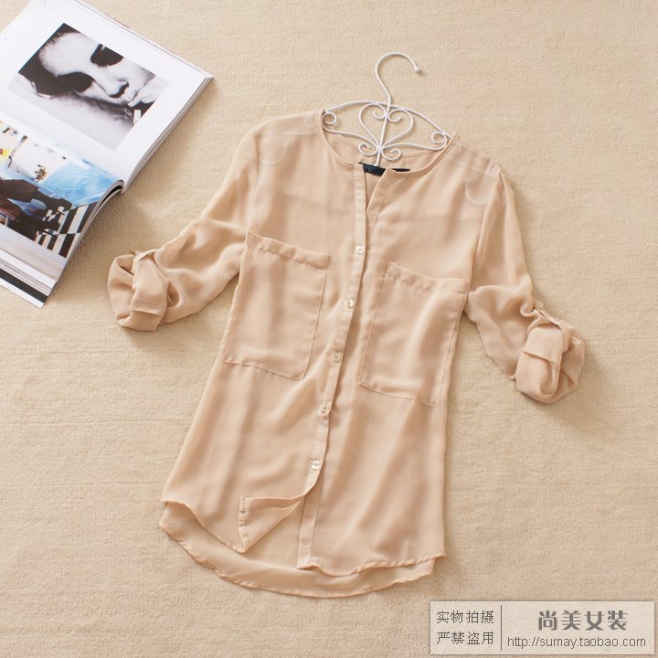 Summer women's brief vintage fashion loose casual long-sleeve shirt chiffon shirt black white nude color
