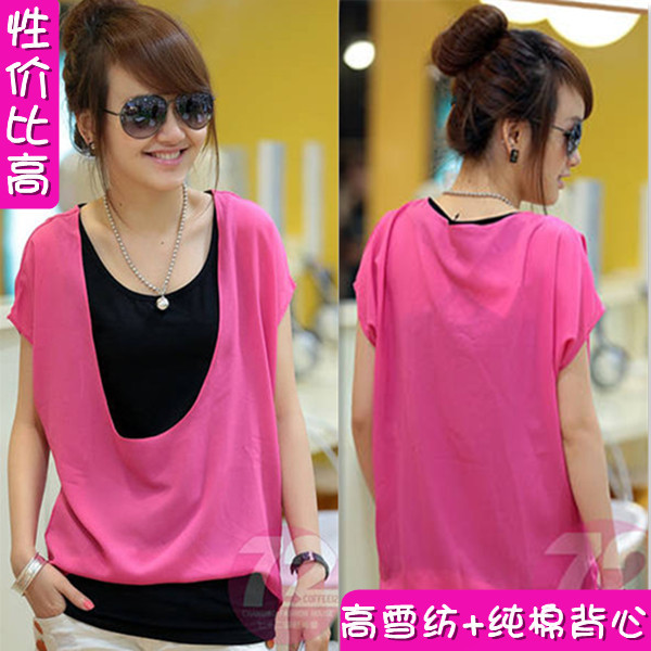 Summer women's candy color chiffon patchwork batwing sleeve pure cotton vest short-sleeve T-shirt female