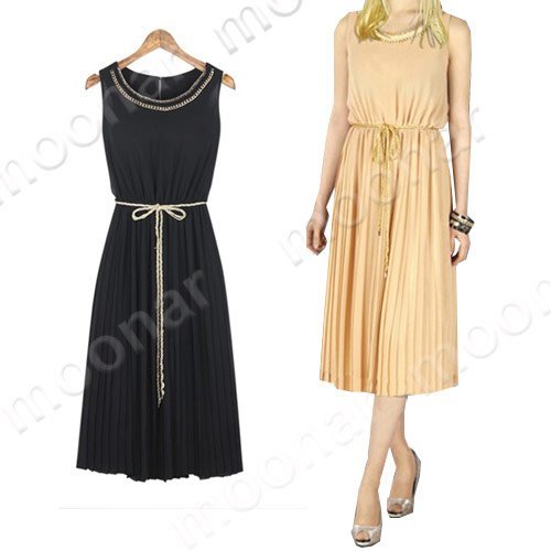 Summer Women's Chain Collar Loose Long Chiffon Slim Waist Pleated Dress Casual E0671