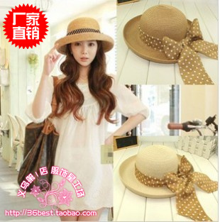 Summer women's dome small fedoras sun-shading bow straw hat bandeaus beach cap