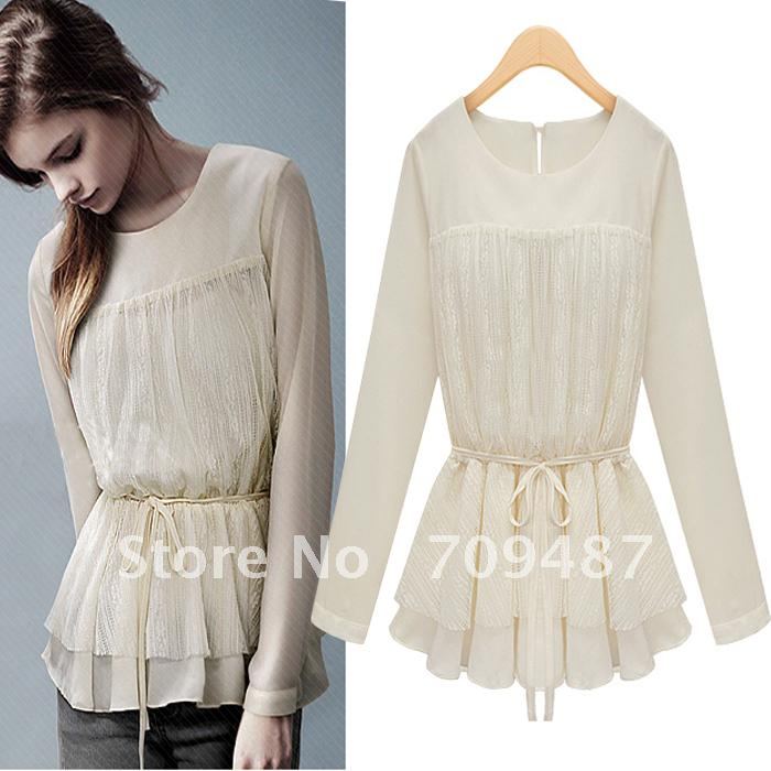 Summer women's fashion lace decoration long-sleeve elastic high waist skirt chiffon top long design