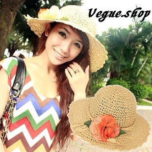 Summer women's handmade woven pattern large brim strawhat beach sun-shading hat sun hat