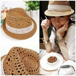 Summer women's hat cutout handmade lace bow strawhat sun-shading beach cap a404
